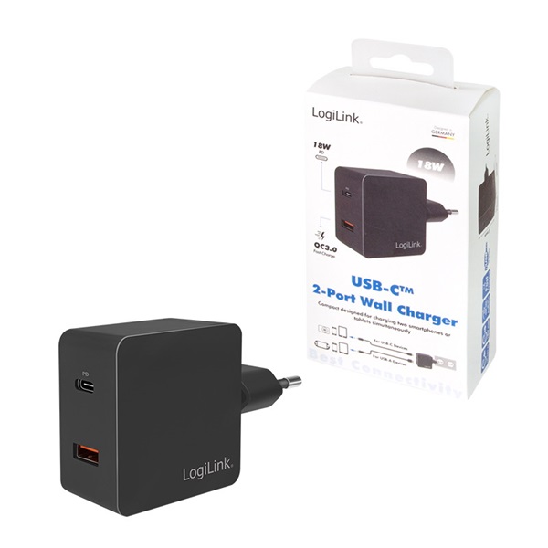 Logilink PA0220 Aljzatadapter, 1x USB-C port (PD) és 1x USB-A QC port, 18 W