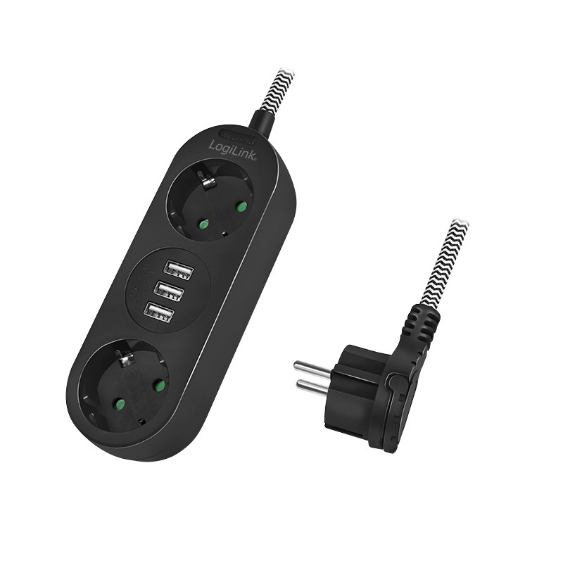 Logilink LPS262U Elosztó 2-es, 2x CEE 7/3 + 3x USB-A, textil kábel, fekete