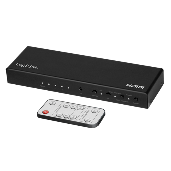 Logilink HD0046 HDMI kapcsoló, 4x1 port, 4K/60 Hz, HDCP, HDR, ARC, hangkivonat, RC