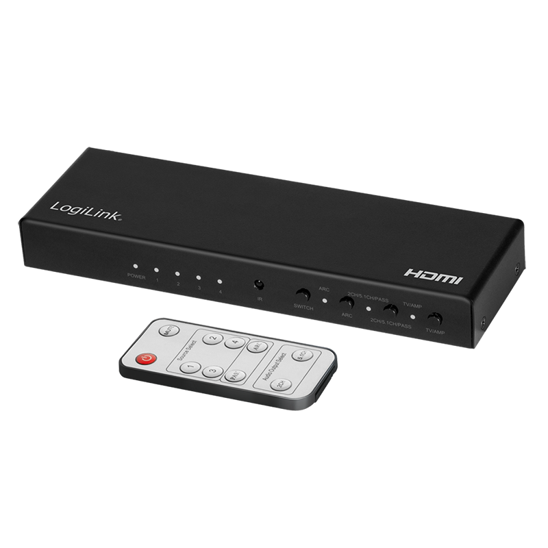 Logilink HD0046 HDMI kapcsoló, 4x1 port, 4K/60 Hz, HDCP, HDR, ARC, hangkivonat, RC