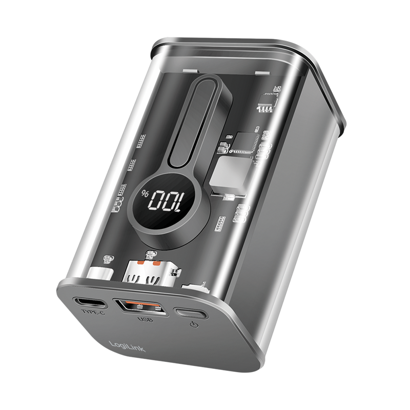 Logilink PA0306 Power bank 10000 mAh, 1x USB-A, 1x USB-C, kijelzővel, PD & QC, transzp.