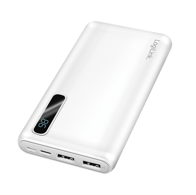 Logilink PA0280W Power bank 10000 mAh, 2x USB-A, 2 az 1-ben kábel, kijelzővel, fehér