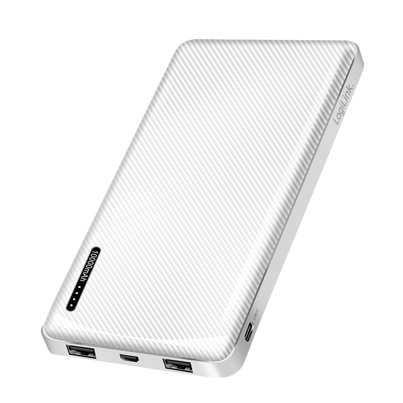 Logilink PA0316W Powerbank 10000 mAh, 2x USB-A, USB-C, mikro-USB, kapcsolási funkcióval, fehér
