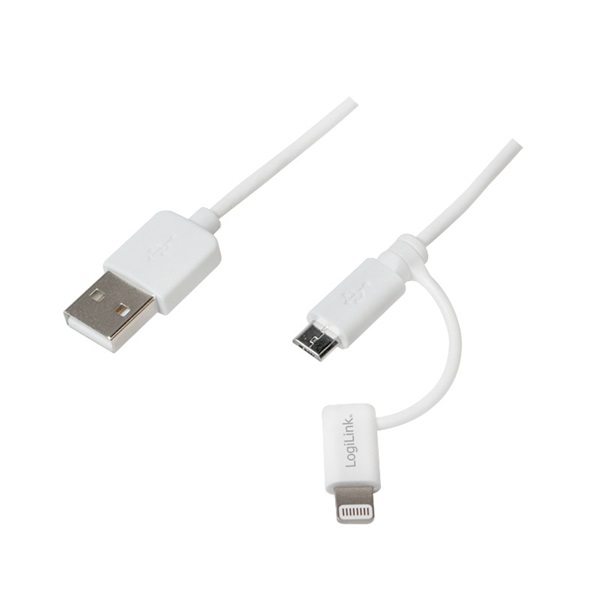 Logilink CU0118 USB 2.0 kábel, USB-A/M - Micro-USB + Lightning/M, fehér, 1 m