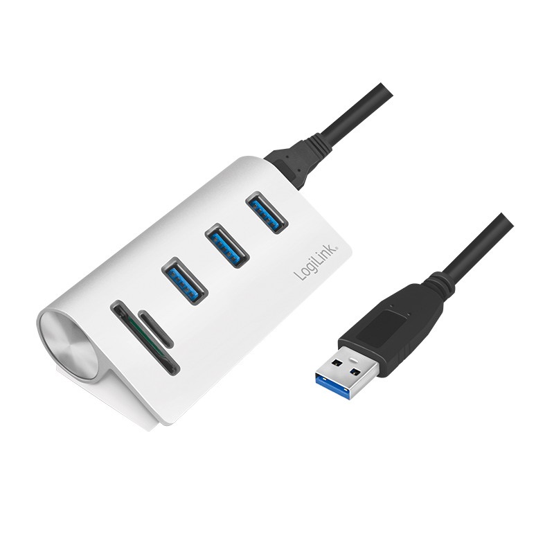 Logilink CR0045 USB 3.0 hub, 3 portos, kártyaolvasóval SD/microSD-hez, alumínium