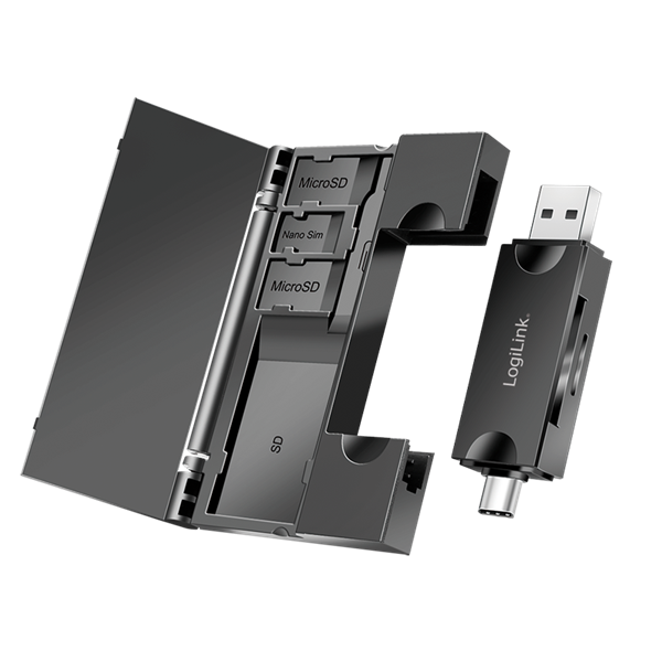Logilink CR0049 USB 3.2 Gen1 kártyaolvasó SD- és microSD-kártyákhoz, memóriakártya-tárolóval