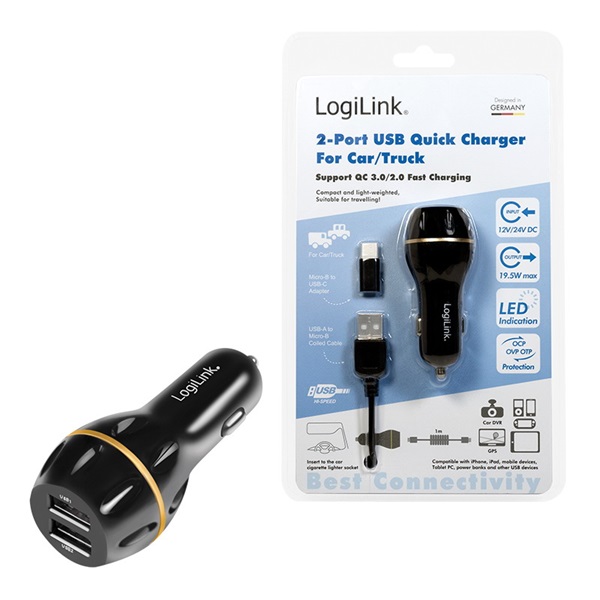 Logilink PA0201 USB autós töltő, 2x USB port QC technológiával, 19,5W