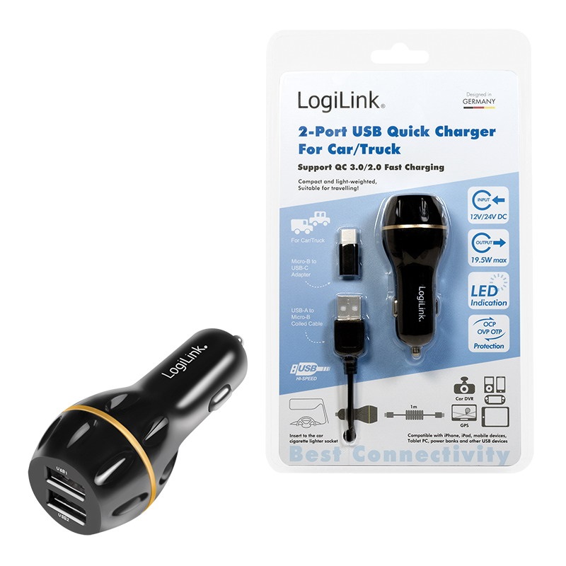 Logilink PA0201 USB autós töltő, 2x USB port QC technológiával, 19,5W