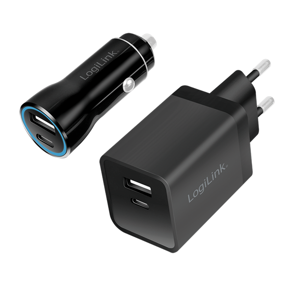 Logilink PA0300 USB töltőkészlet, autós és váltóáramú, USB-C/F + USB-A/F, 5 V/15 W, fekete
