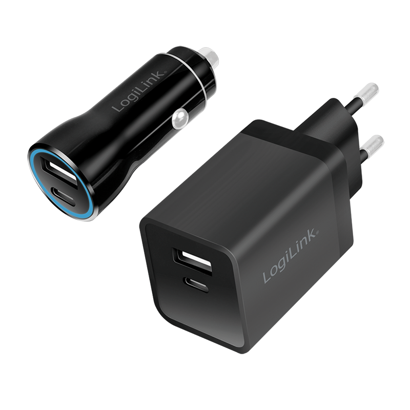 Logilink PA0300 USB töltőkészlet, autós és váltóáramú, USB-C/F + USB-A/F, 5 V/15 W, fekete