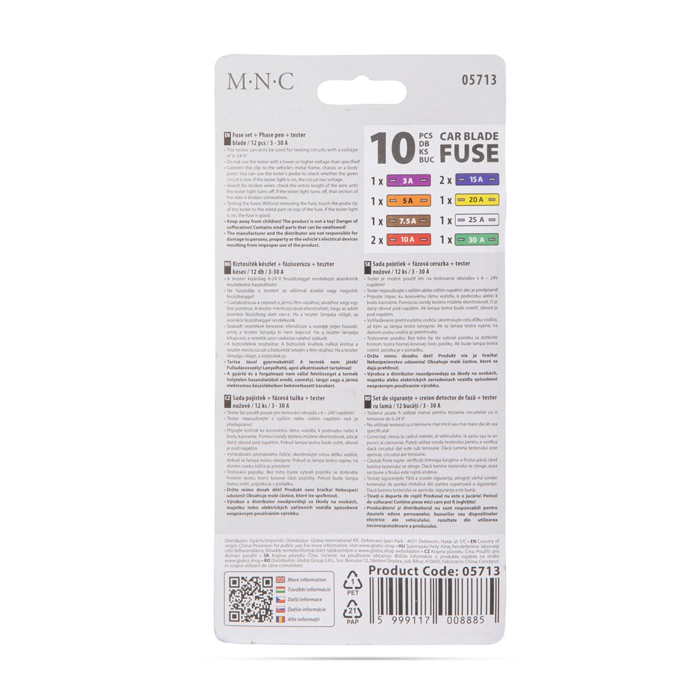 MNC 05713 10db 3-30A késes biztosíték készlet + fázisceruza + teszter