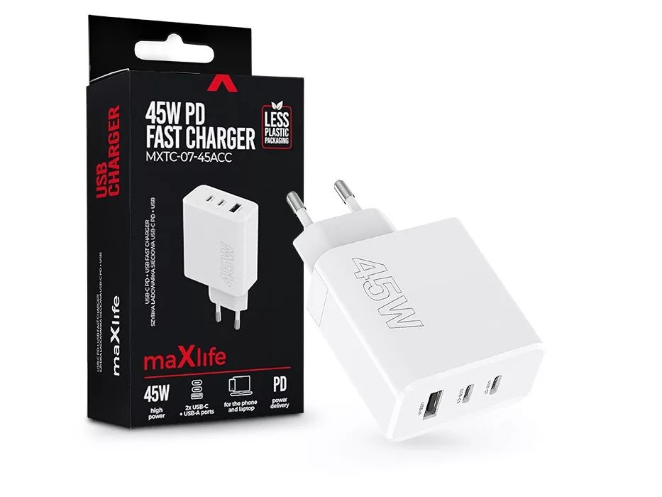 Maxlife ML081094 45W 2xType-C + USB fehér gyorstöltő adapter