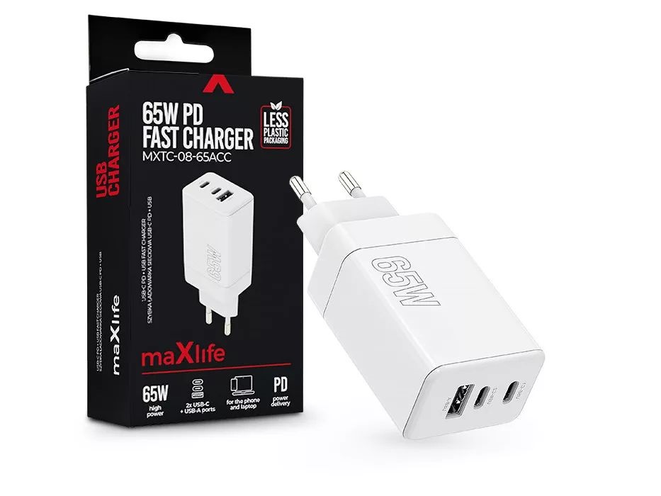 Maxlife ML081100 65W 2xType-C + USB fehér gyorstöltő adapter