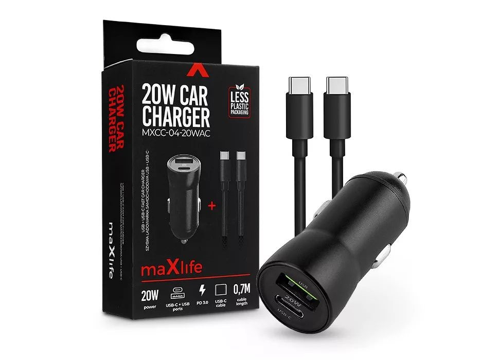 Maxlife ML269393 20W USB/USB C fekete szivargyújtós töltő adapter + Type-C kábel