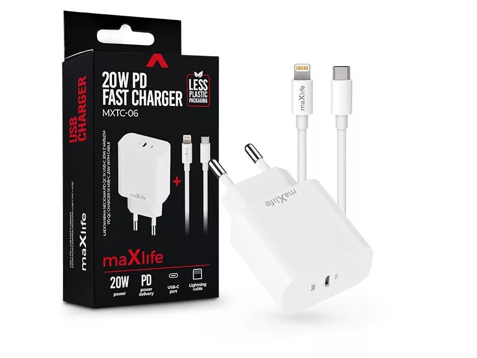 Maxlife ML738416 PD+QC 20W Type-C fehér gyorstöltő adapter + Type-C/Lightning kábel