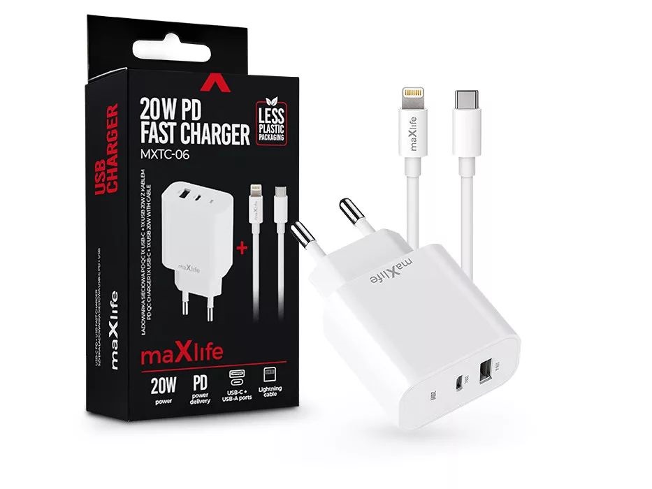Maxlife ML738423 PD+QC 20W USB + Type-C fehér gyorstöltő adapter + Type-C/Lightning kábel