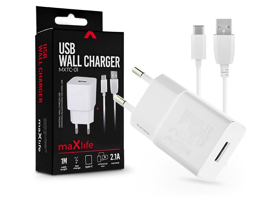 Maxlife TF-0100 univerzális fehér hálózati töltő adapter + 1m Type-C töltő és adatkábel