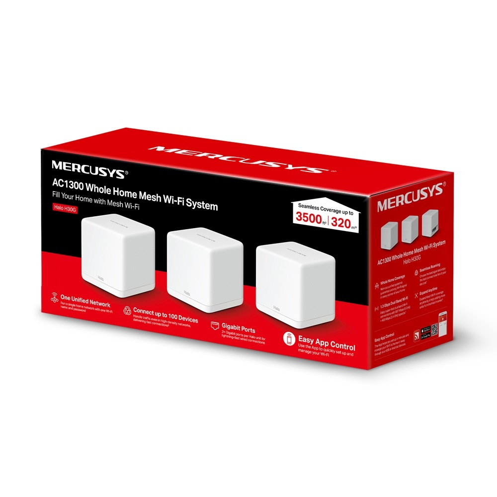 Mercusys Halo H30G(3-pack) AC1300 fehér otthoni Mesh Wi-Fi rendszer (3db) - R