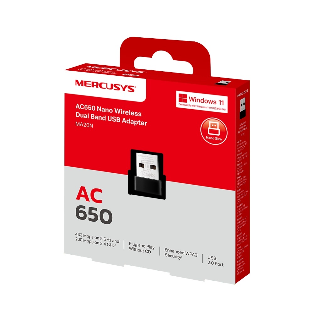 Mercusys MA20N AC650 nano vezeték nélküli kétsávos fekete USB adapter - R