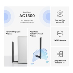 Mercusys MA30H AC1300 nagy teljesítményű vezeték nélküli kétsávos hálózati fekete USB adapter - R