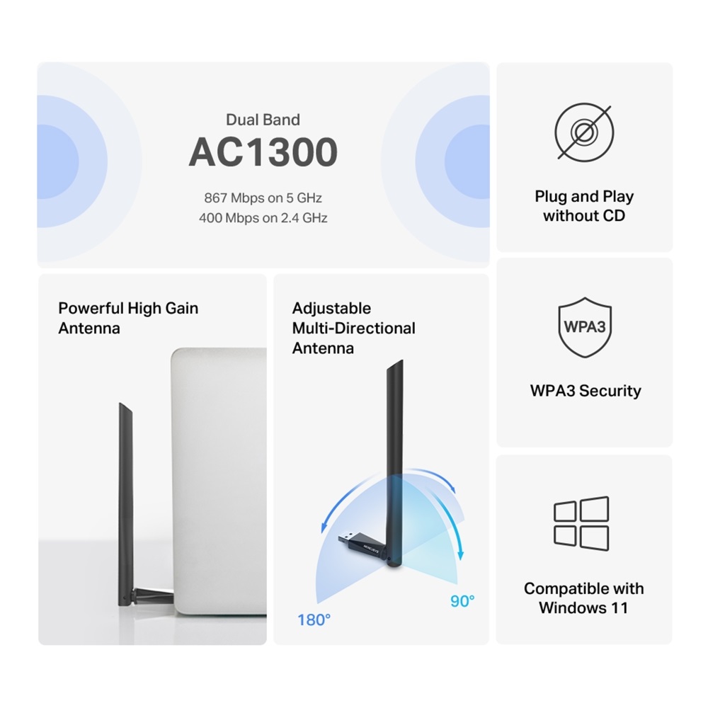 Mercusys MA30H AC1300 nagy teljesítményű vezeték nélküli kétsávos hálózati fekete USB adapter - R