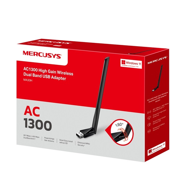 Mercusys MA30H AC1300 nagy teljesítményű vezeték nélküli kétsávos hálózati fekete USB adapter - R