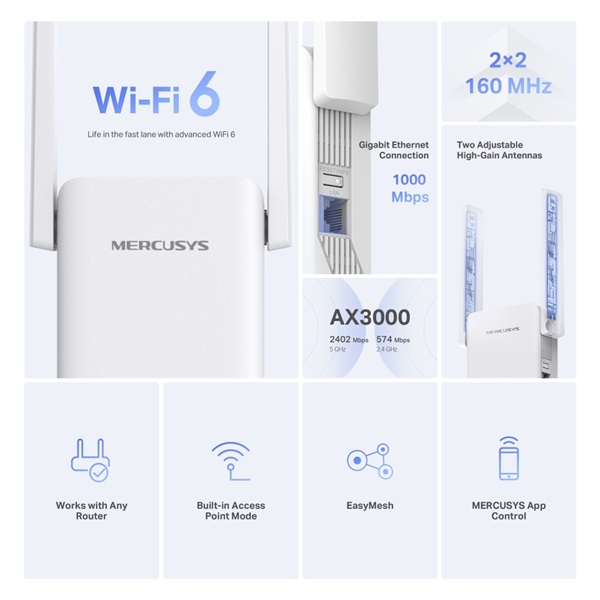 Mercusys ME80X AX3000 Wi-Fi 6 fehér lefedettségnövelő - R