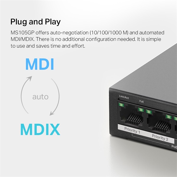 Mercusys MS105GP 5port 10/100/1000Mbps 4 port PoE+ nem menedzselhető asztali PoE+ Switch