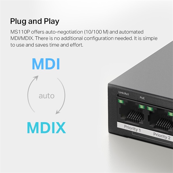 Mercusys MS110P 10port 10/100Mbps FE LAN 8xPoE+ LAN port nem menedzselhető asztali PoE+ Switch