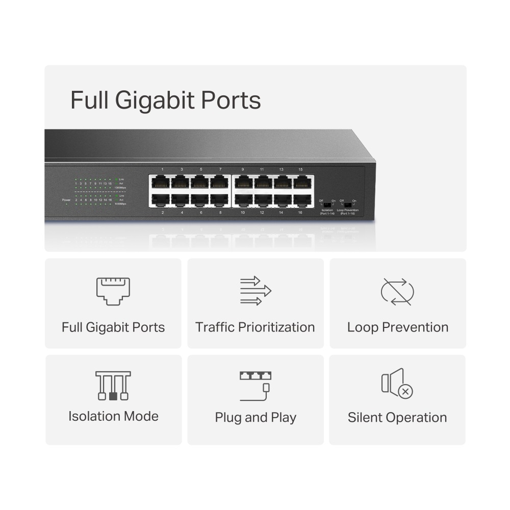 Mercusys MS116GS 16 portos Gigabit rackbe szerelhető fekete asztali switch - R