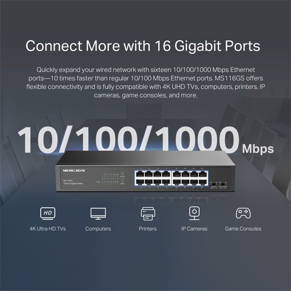 Mercusys MS116GS 16 portos Gigabit rackbe szerelhető fekete asztali switch - R
