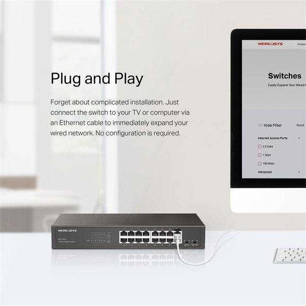 Mercusys MS116GS 16 portos Gigabit rackbe szerelhető fekete asztali switch - R