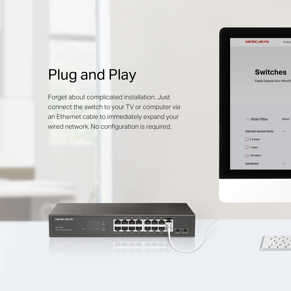 Mercusys MS116GS 16 portos Gigabit rackbe szerelhető fekete asztali switch - R