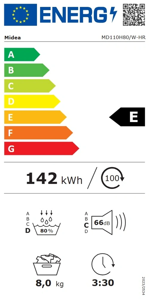 Midea MD110H80/W-HR fehér, 8kg, hőszivattyús szárítógép