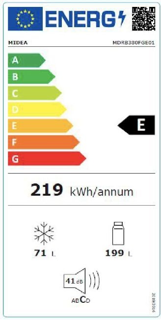 Midea MDRB380FGE01A fehér, alulfagyasztós, Hűtő:199L, Fagyasztó:71L, No frost hűtőszekrény