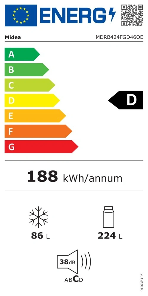 Midea MDRB424FGD46OE inox, alulfagyasztós, Hűtő: 224L, Fagyasztó:86L, No frost hűtőszekrény