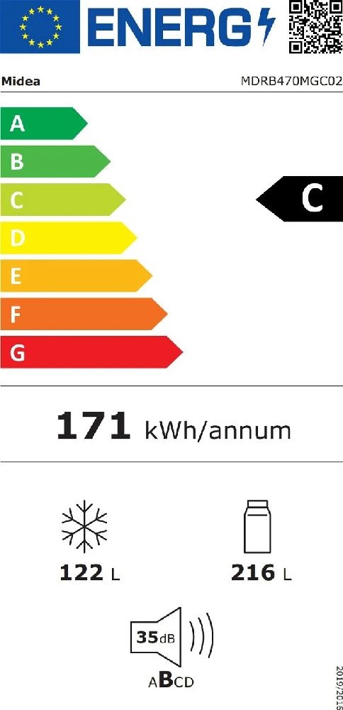 Midea MDRB470MGC02 inox, alulfagyasztós, Hűtő:216L, Fagyasztó:122L, No frost hűtőszekrény