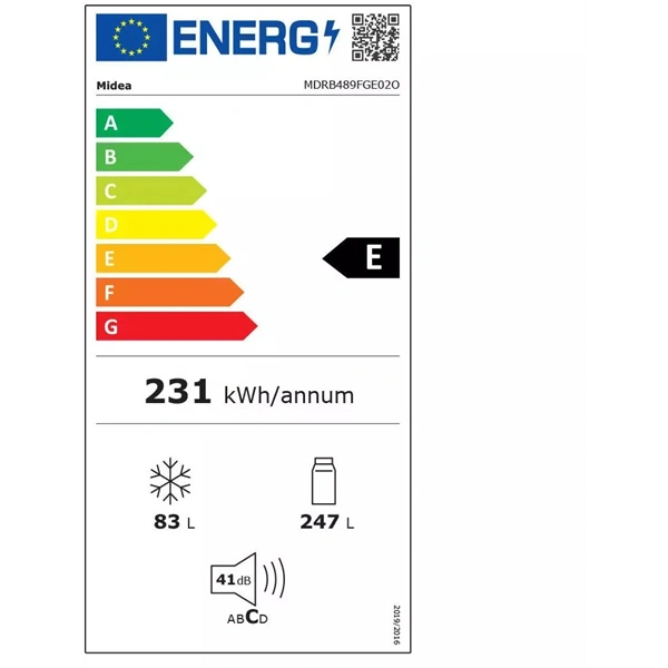 Midea MDRB489FGE02O inox, alulfagyasztós, Hűtő:247L, Fagyasztó:83L, No frost hűtőszekrény (Használt - B)