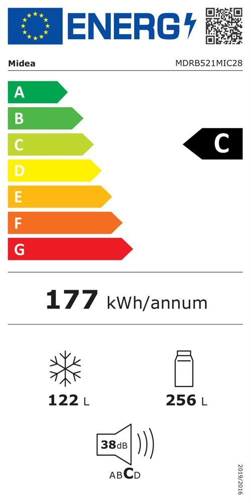 Midea MDRB521MIC28 fekete, alulfagyasztós, Hűtő:256L, Fagyasztó:122L, No frost hűtőszekrény
