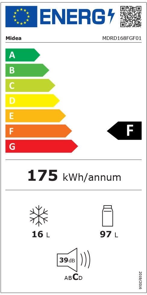 Midea MDRD168FGE01 fehér, egyajtós, Hűtő:97L, Fagyasztó:16L, hűtőszekrény