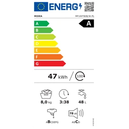 Midea MF100T80B/W-HR fehér,felültöltős, max.1300ford., 8kg, mosógép