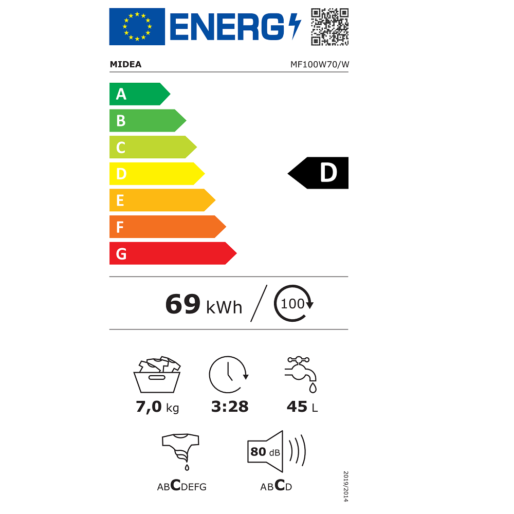 Midea MF100W70/W-HU fehér, elöltöltős, keskeny, max.1200ford., 7 kg, mosógép