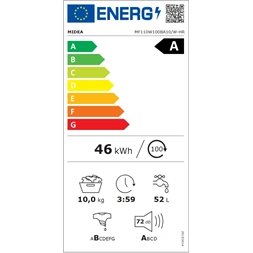 Midea MF110W100BA10/W-HR fehér,elöltöltős, max.1400ford., 10kg, mosógép