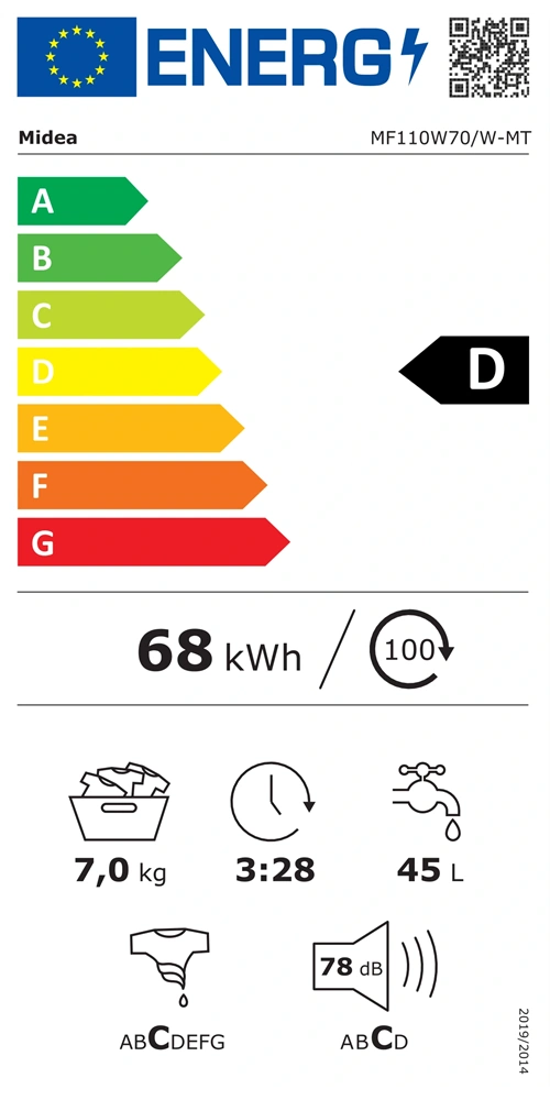 Midea MF110W70/W-HR fehér, elöltöltős, max.1200ford., 7kg, mosógép (Újszerű)