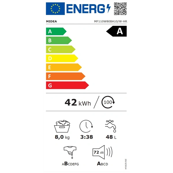 Midea MF110W80BA10/W-HR fehér,elöltöltős, max.1400ford., 8kg, mosógép