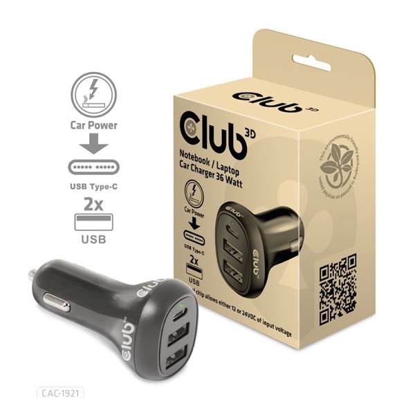 NBT Club3D Notebook / Laptop Car Charger 36 Watt - autós töltő
