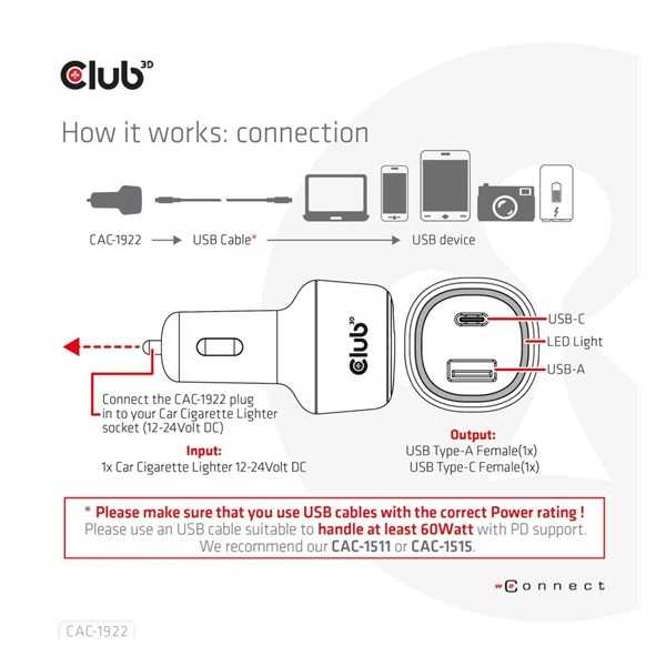 NBT Club3D Notebook / Laptop Car Charger 63 Watt - autós töltő