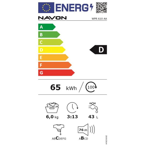 Navon WPR 610AA fehér, elöltöltős, max.1000ford., 6 kg, mosógép