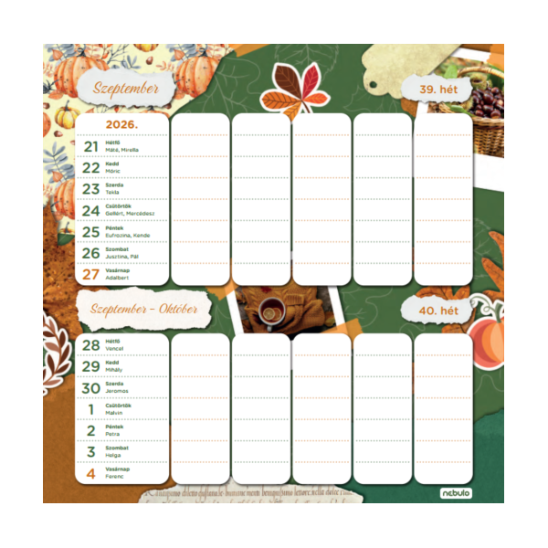 Nebulo Családi tervező 2026 2 heti mágneses naptár