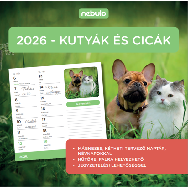 Nebulo Kutya-Cicák 2026 2 heti mágneses naptár
